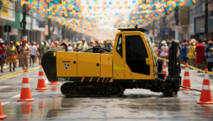 Imagem gerada por Inteligência Artificial ilustrando uma perfuratriz direcional Vermeer operando durante o período do Carnaval em cenário urbano.