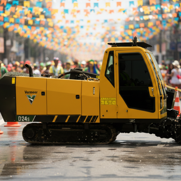 Imagem gerada por Inteligência Artificial ilustrando uma perfuratriz direcional Vermeer operando durante o período do Carnaval em cenário urbano.